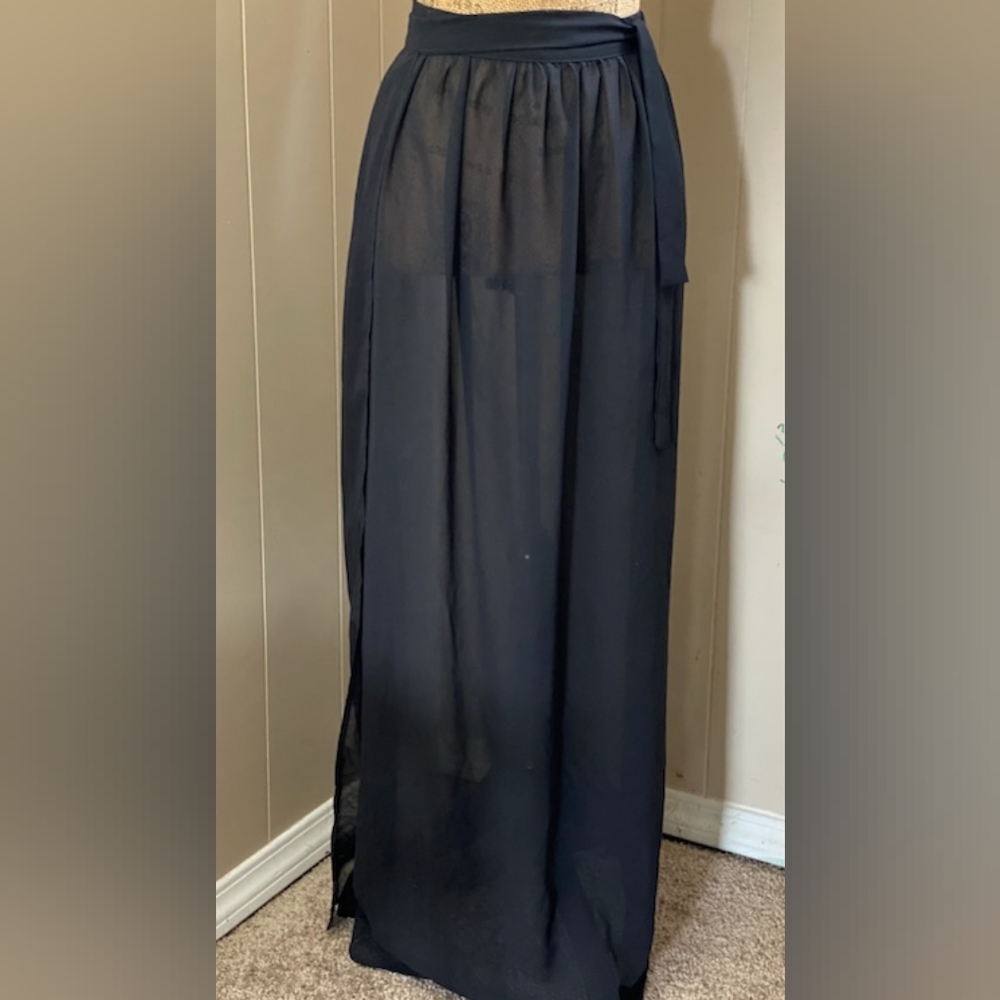 SHEIN Black Sheer Wrap Full Length Skirt, Size Medium